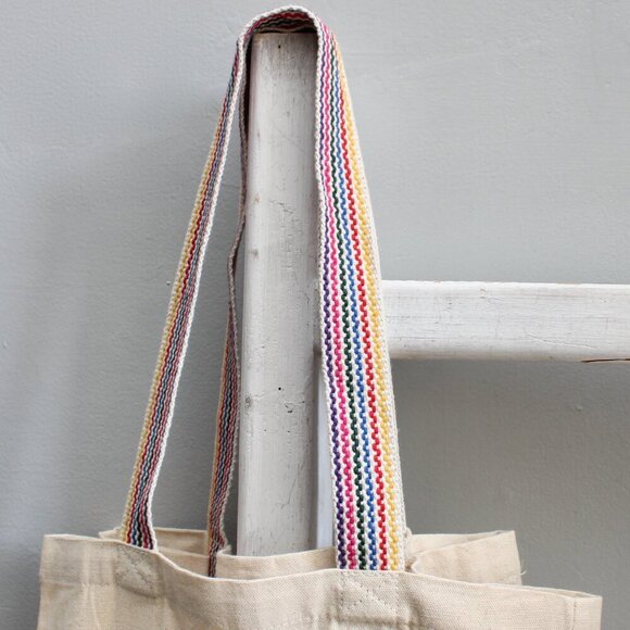 POSHMARK 'Shop Secondhand ' Cream Tan Rainbow Strap Canvas Tote Bag NWT - Picture 5 of 5